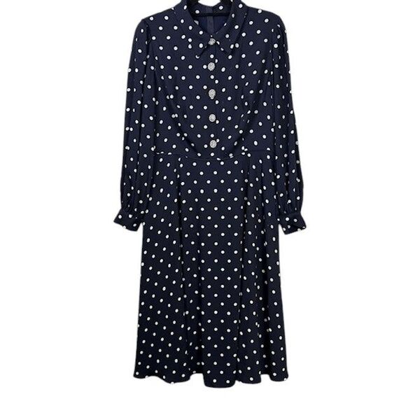 HOBBS London Ayla Spot Fit & Flare Navy Polka Dot Dress Crystal Button Size 10 - Picture 2 of 16